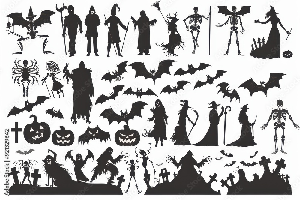 Halloween-themed silhouettes featuring bats, ghosts, and spooky characters in various poses Halloween-themed silhouettes featuring bats, ghosts, and spooky characters in various poses