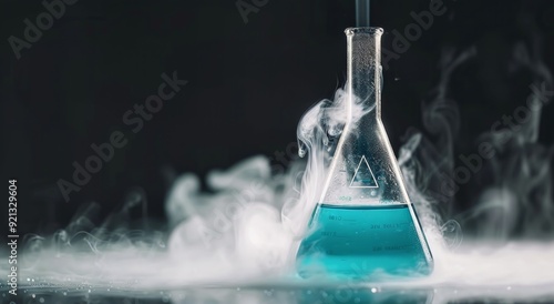 Laboratory Flask Bubbling With Blue Liquid and Smoke in Dimly Lit Environment