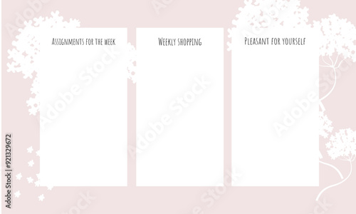 A weekly planner with the ability to write down tasks, purchases and your wishes, against a delicate background of hydrangeas