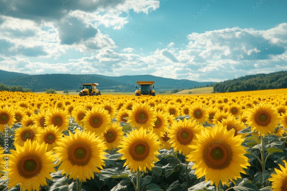Fototapeta premium Harvesting agricultural crops in the fields with the help of modern tractors and combines, AI generated