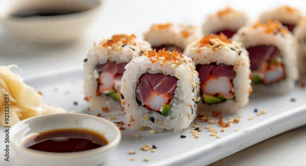 Fresh Sushi Rolls With Salmon and Vegetables Served With Ginger and Soy Sauce Fresh Sushi Rolls With Salmon and Vegetables Served With Ginger and Soy Sauce