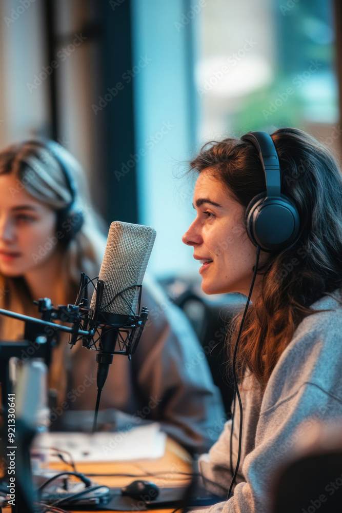 Young woman recording a podcast with headphones and microphone Young woman recording a podcast with headphones and microphone