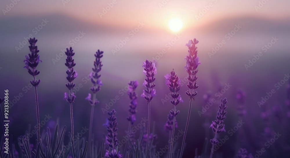 Naklejka premium Lavender Field at Sunrise With Soft Fog and Gentle Light