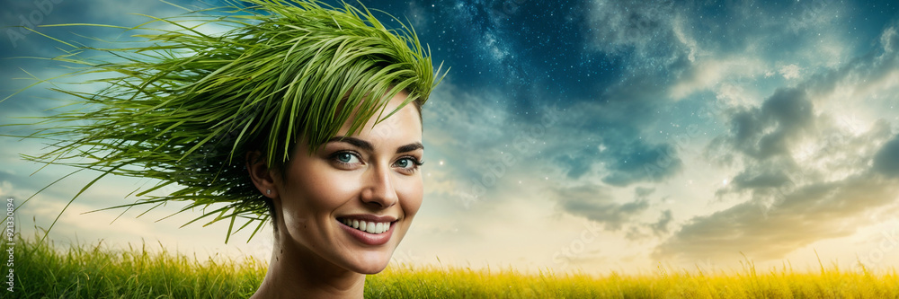 A smiling woman with vibrant green grass hair stands in a lush meadow, surrounded by nature's beauty. A smiling woman with vibrant green grass hair stands in a lush meadow, surrounded by nature's beauty.