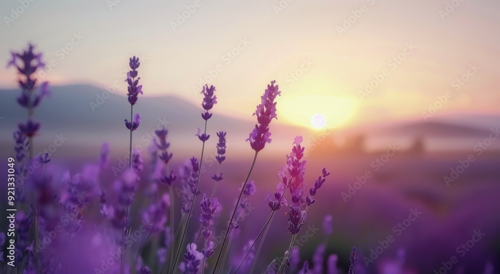 Lavender Fields at Sunset in a Serene Landscape Lavender Fields at Sunset in a Serene Landscape