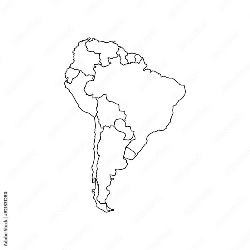Fototapeta premium South America isolated map on white background. High detailed, with board. Brazil, Peru, Venezuela, Paraguay, Argentina, Colombia, Ecuador, Chile, Uruguay.