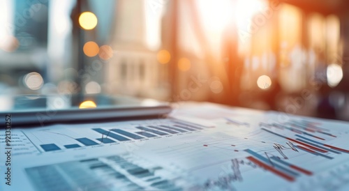 Business Analytics Report With Graphs on Table During Sunset in Modern Office