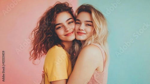 portrait of two young women standing next, curly brown hair, yellow t-shirt, blonde straight, pink shirt hugging, best friend on a colorful background, camera, smiling, in a happy, minimalistic