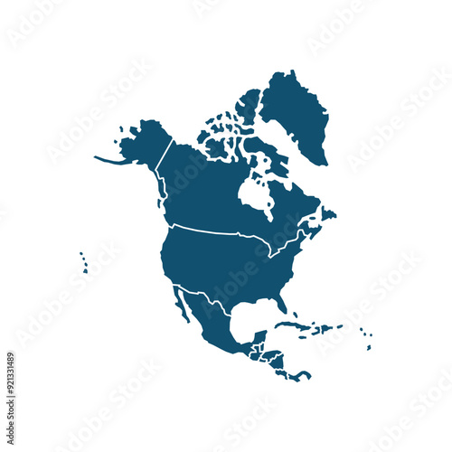 North America isolated blue map on white background. High detailed, with board. USA, Canada, Mexico, Cuba, Guatemala, Haiti, Dominican Republic, Honduras, Nicaragua.