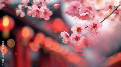 Spring Blossoms and Lanterns During Festival Celebration at Dusk