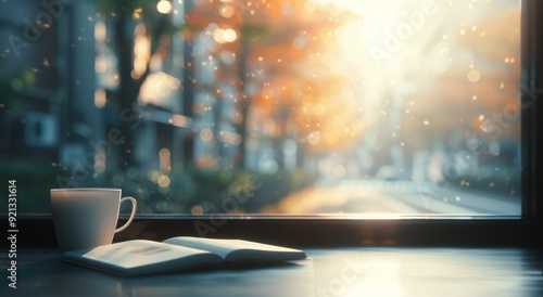 Cozy Morning With a Warm Cup and Open Book by the Sunlit Window
