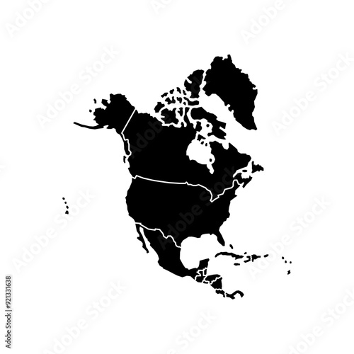 North America isolated map on white background. High detailed, with board. USA, Canada, Mexico, Cuba, Guatemala, Haiti, Dominican Republic, Honduras, Nicaragua.