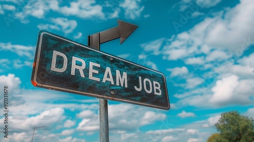 road sign against a bright blue sky with the words "DREAM JOB" and an arrow pointing forward.