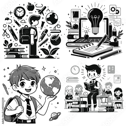 School children learning and exploring with education tools in black and white, back to school