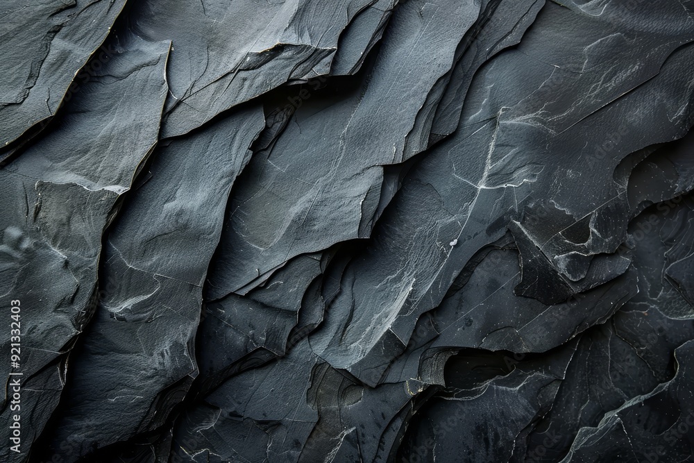 Detailed view of jagged rough edges of black slate rock face against a dark background, Jagged, rough edges of black slate against a dark backdrop Detailed view of jagged rough edges of black slate rock face against a dark background, Jagged, rough edges of black slate against a dark backdrop