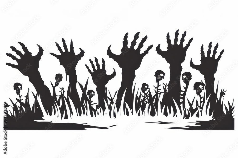Fototapeta premium Silhouetted hands and skulls rising from grass in a spooky graveyard setting at night