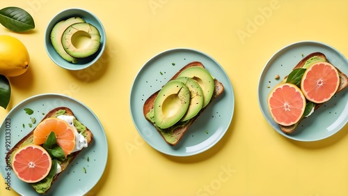 Healthy breakfast with avocado toast, salmon and fresh citrus fruits on yellow background.