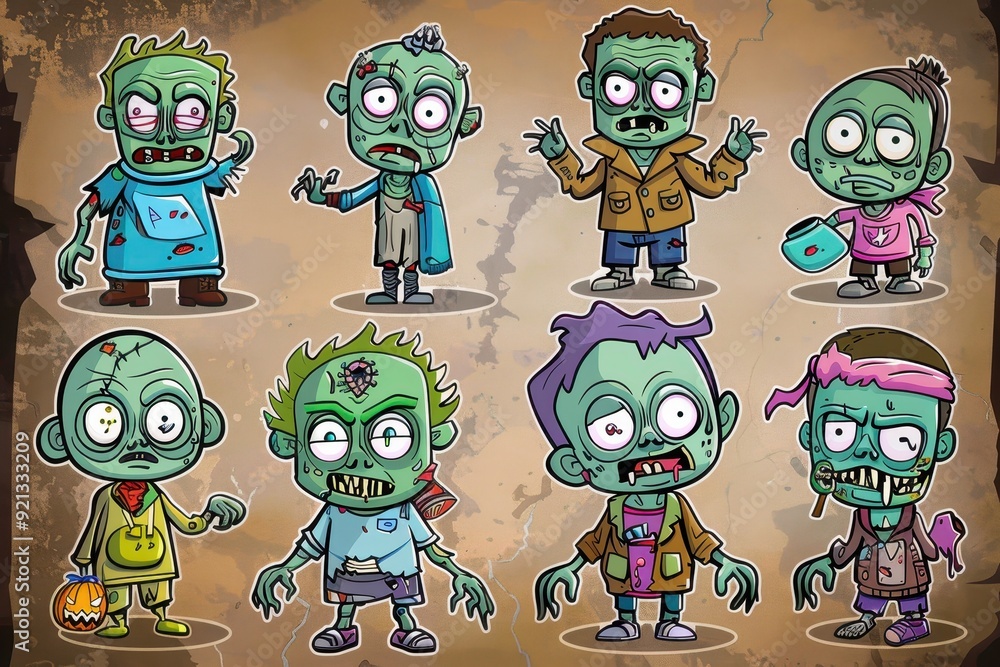 Obraz premium Colorful cartoon zombies in various outfits and poses for Halloween-themed artwork