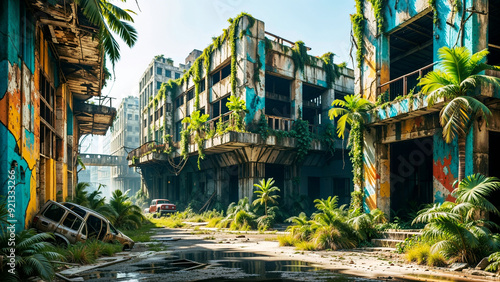 Post-apocalyptic city jungle ruins.