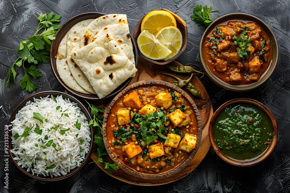 Indian vegetarian meal with paneer, rice, and naan bread, traditional Indian cuisine, colorful food spread ideal for restaurant menus Indian vegetarian meal with paneer, rice, and naan bread, traditional Indian cuisine, colorful food spread ideal for restaurant menus
