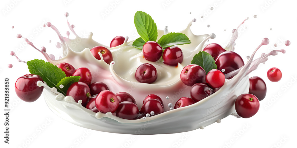Fresh cranberry splash in white milk with green leaves, isolated PNG transparent Fresh cranberry splash in white milk with green leaves, isolated PNG transparent