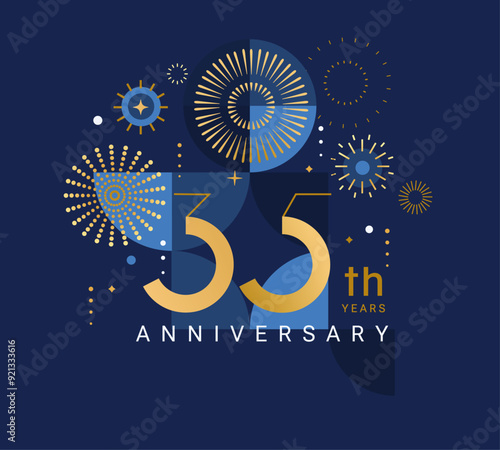Anniversary 35, celebrating thirty five years,35th anniversary.Elegant card for event with abstract golden fireworks and golden numbers on blue background with geometric pattern.Vector illustration