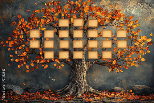 Realistic family genealogy family tree template. Autumn landscape