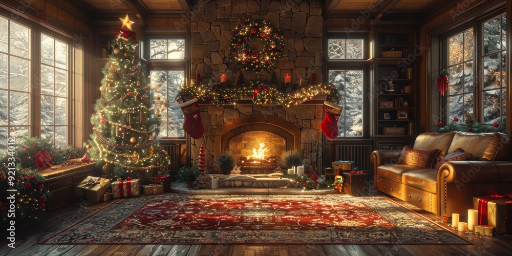 Fototapeta premium Cozy Christmas living room with a decorated tree and fireplace