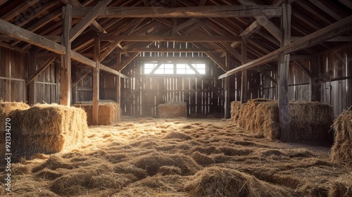 Old barn hayloft with neatly stacked hay