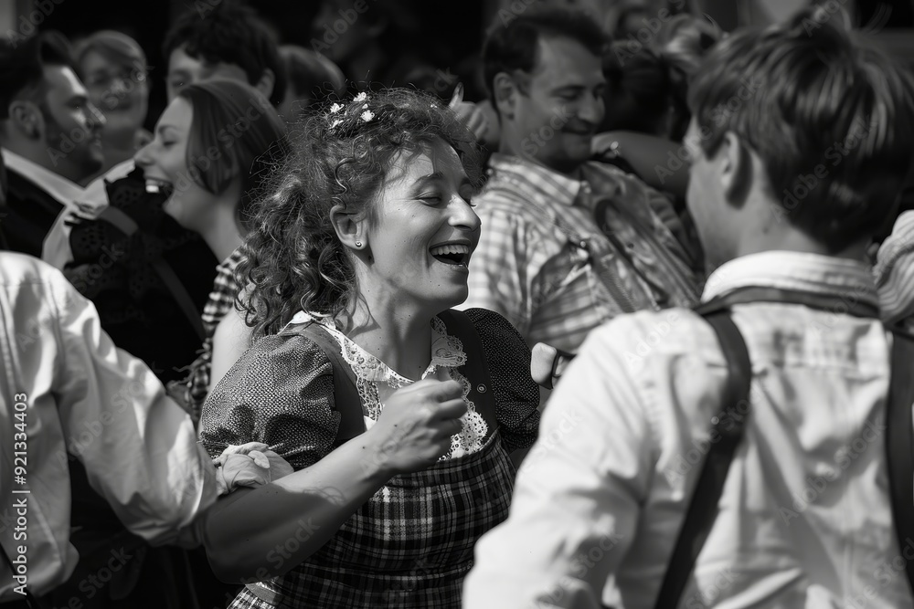 Obraz premium A group of people standing in a circle, joyously dancing and laughing as they celebrate, Joyous dancing and laughter as people celebrate the spirit of Oktoberfest