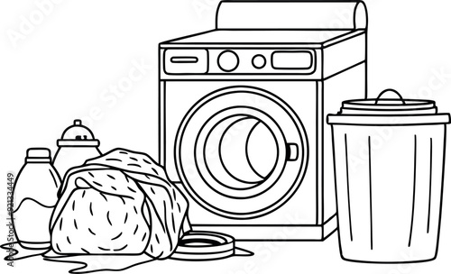 Line Art Illustration of Laundry Room with Washing Machine