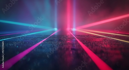 Vibrant Laser Beams Cutting Through Smoke in a Dark Environment