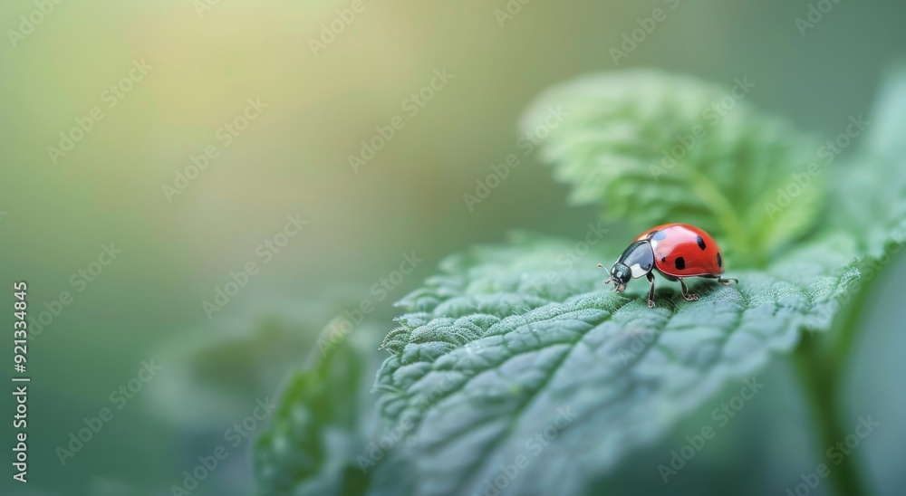 Fototapeta premium Ladybug Resting on Green Leaf in a Sunlit Garden