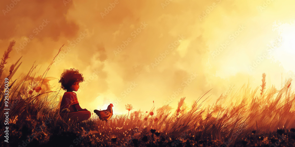 Fototapeta premium Child Sitting in Field with Chicken at Sunset: Tranquil Nature Scene