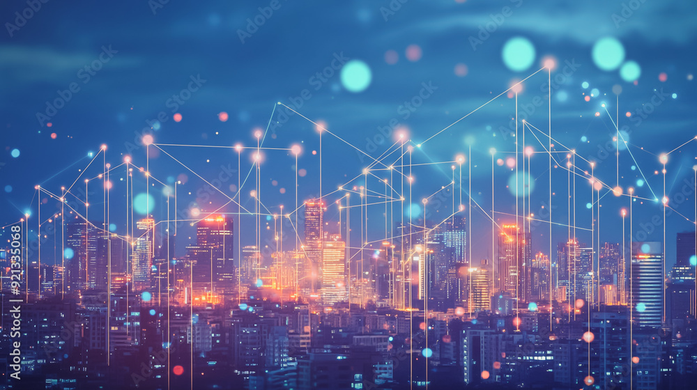 Fototapeta premium Smart digital city with connection network that is at the cutting edge of innovation in technology and business with bright, modern skyscrapers. Backgrounds for technology and charts and graphs 