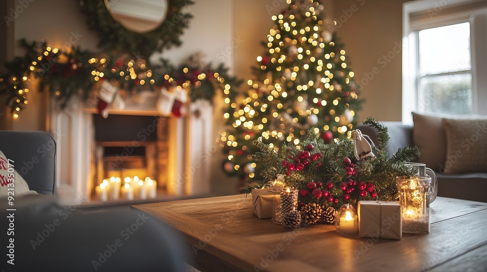 Cozy holiday living room with Christmas tree, decorations, and warm lighting Cozy holiday living room with Christmas tree, decorations, and warm lighting