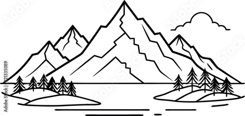 Minimalist Mountain Landscape with Pine Trees and Lake