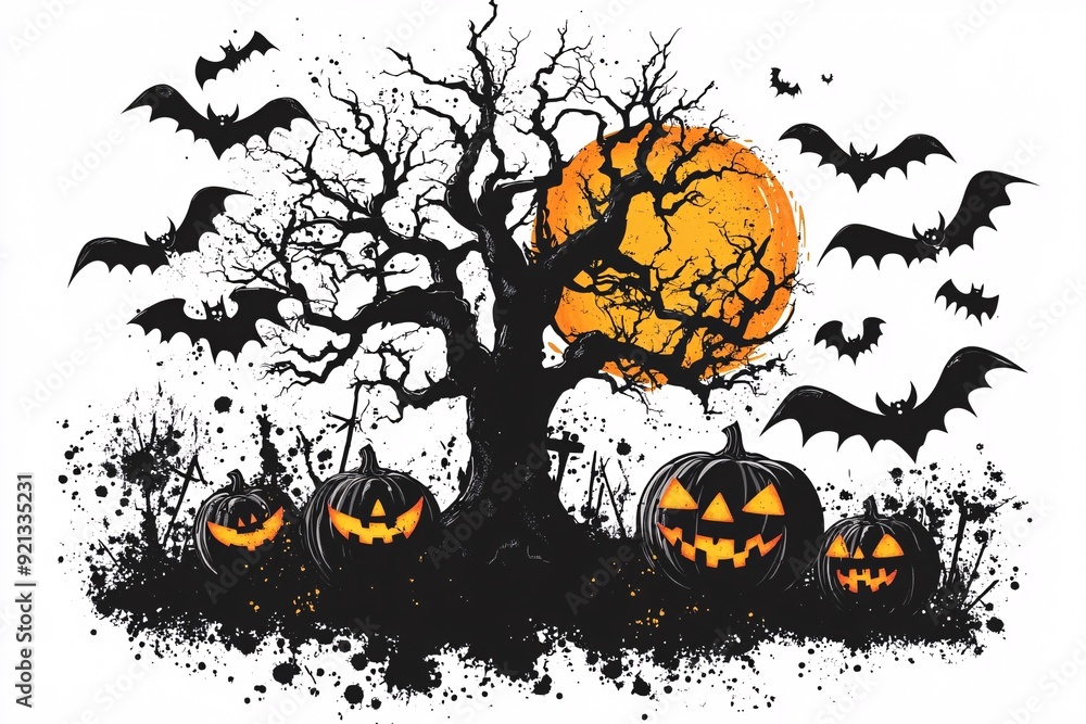Spooky Halloween Night with Crooked Tree and Bats Spooky Halloween Night with Crooked Tree and Bats