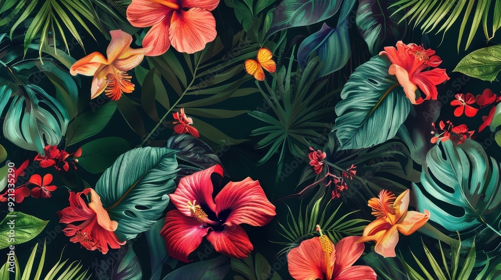 Bright tropical flowers bloom amidst rich greenery, creating a lively and colorful atmosphere Bright tropical flowers bloom amidst rich greenery, creating a lively and colorful atmosphere