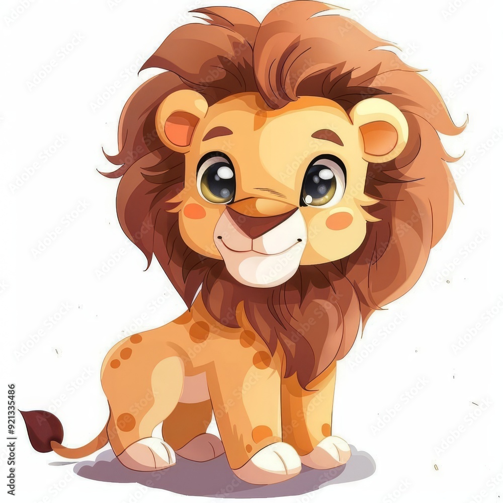 Obraz premium Chibi lion standing tall, proud but cute, small body, big head, isolated on white background