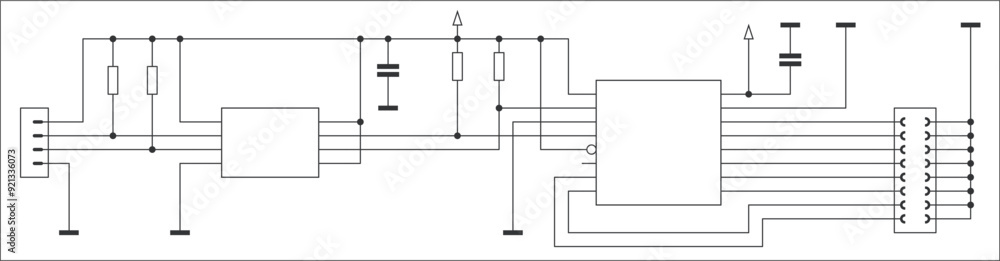 Schematic diagram of electronic device on sheet of paper. Vector template of drawing electrical circuit with
resistor, integrated circuit, capacitor, controller, gnd,
connector, other components. Schematic diagram of electronic device on sheet of paper. Vector template of drawing electrical circuit with
resistor, integrated circuit, capacitor, controller, gnd,
connector, other components.