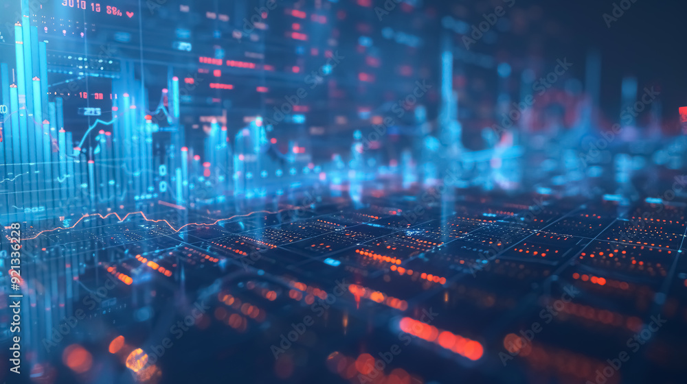 Concept of the stock market and fintech forex, featuring blurry blue digital charts over a dark Concept of the stock market and fintech forex, featuring blurry blue digital charts over a dark