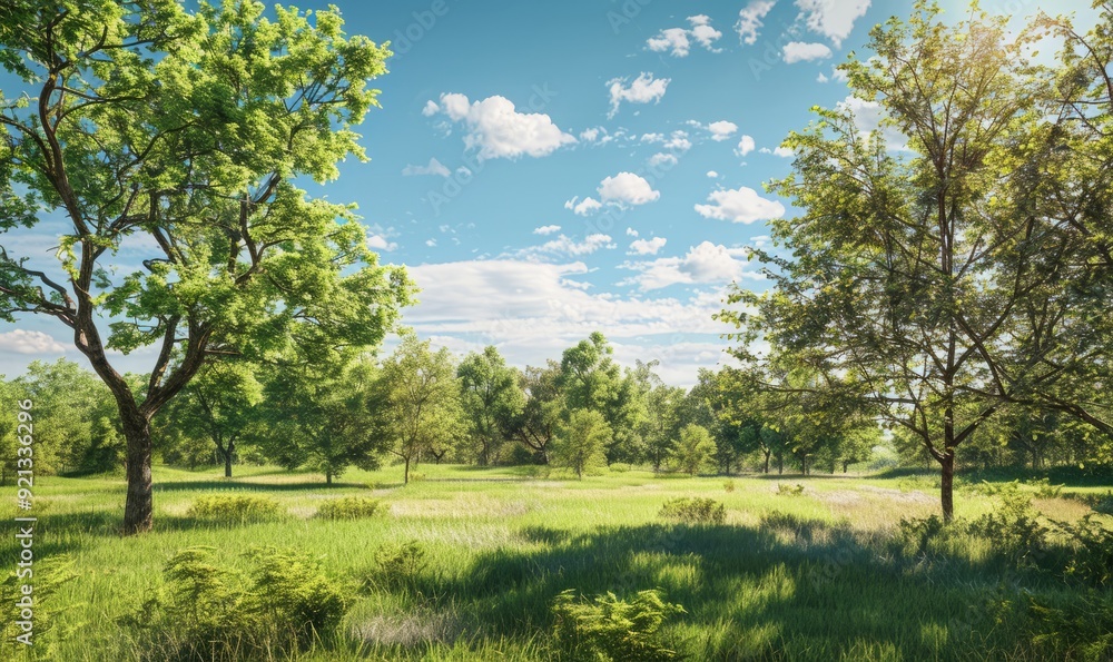 Lush countryside with detailed trees and clear skies Lush countryside with detailed trees and clear skies