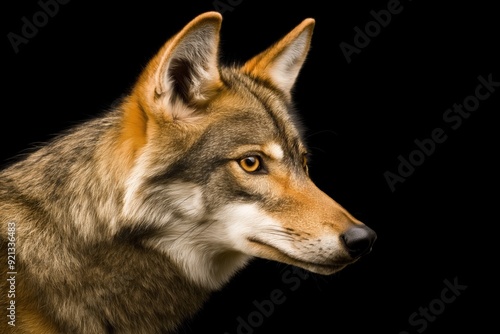 Photo of a wolf isolated against a black background, emphasising the wolf's majestic features. Wildlife and conservation concept, space for copy.