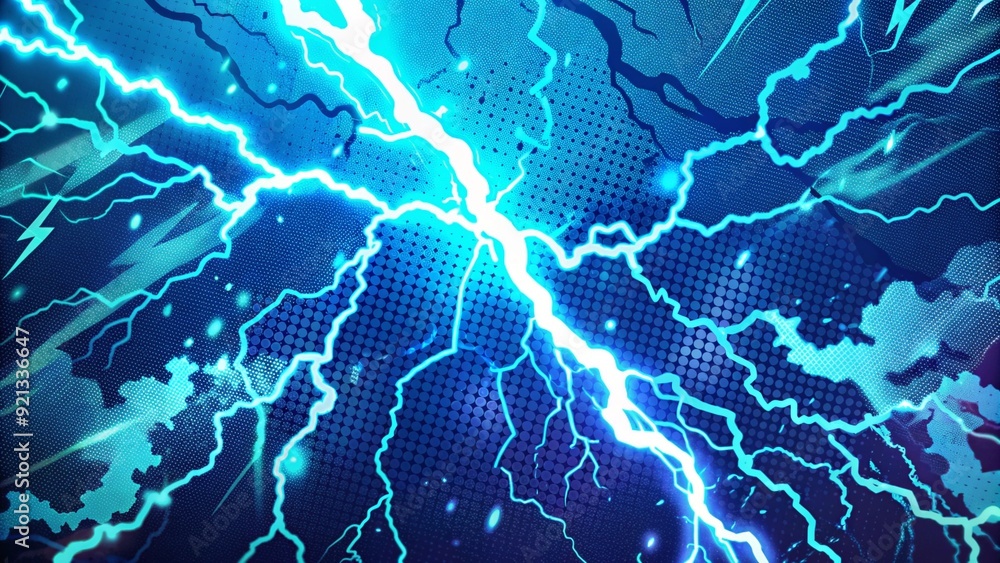 A striking blue lightning bolt illuminates a dark blue sky, styled with a vintage comic book pattern,generative ai A striking blue lightning bolt illuminates a dark blue sky, styled with a vintage comic book pattern,generative ai