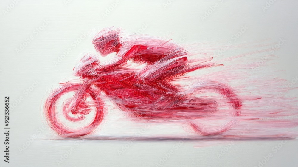Red motorcycle rider speeding along a white background in a dynamic and abstract style Red motorcycle rider speeding along a white background in a dynamic and abstract style