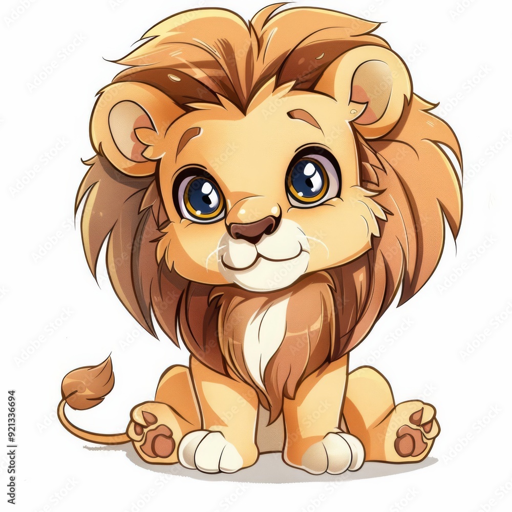 Chibi lion, sitting pose, big eyes, cute expression, soft colors, isolated on white background Chibi lion, sitting pose, big eyes, cute expression, soft colors, isolated on white background