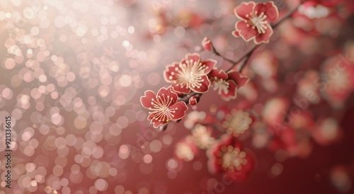 Elegant Embroidery on Red Fabric With Delicate Floral Design and Soft Backgro...