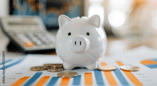 Piggy Bank on Financial Reports With Coins and Charts in Office Setting