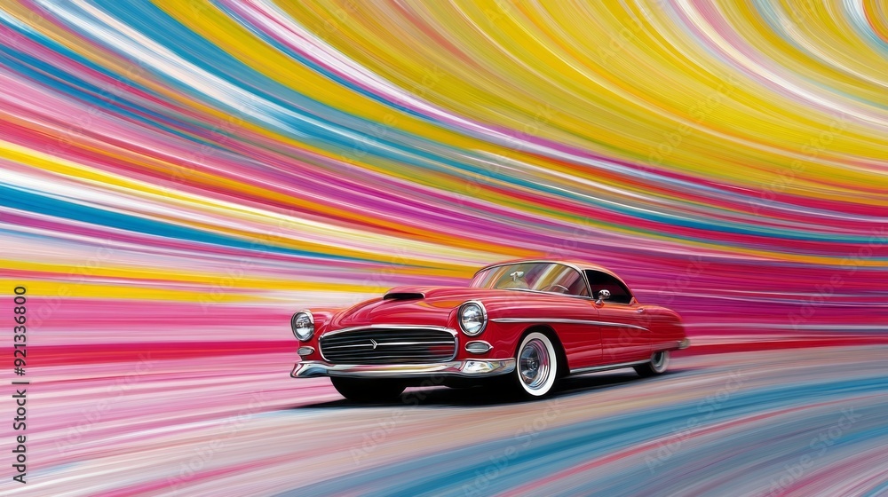 Classic red car driving through a vibrant explosion of colors on a winding road during a sunny day Classic red car driving through a vibrant explosion of colors on a winding road during a sunny day
